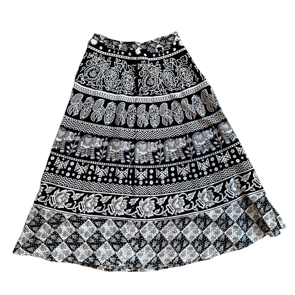 Belma New York Wrap Skirt Womens Black White Elephant‎ Paisley Boho Maxi Size OS